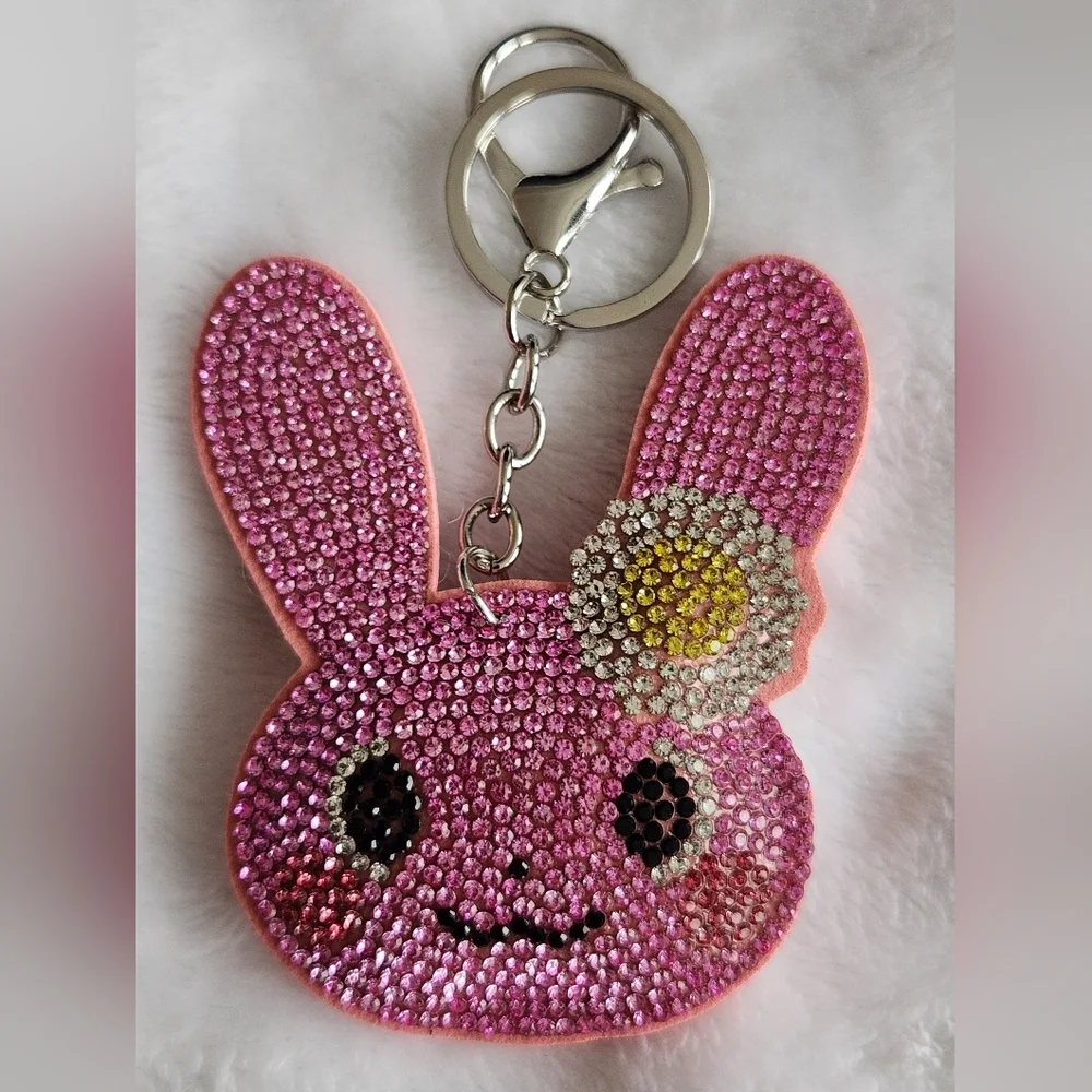 Sparkling Pink Bunny With Flower Keychain Spring Bag Charm